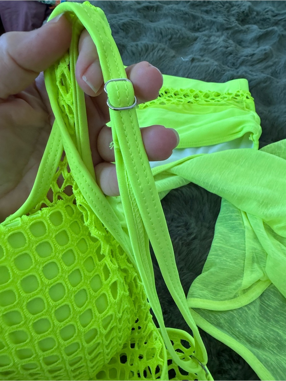Neon Yellow Green Mesh XL Bikini Set with Sheer Oversized Large Cover-Up Shirt - Picture 4 of 6